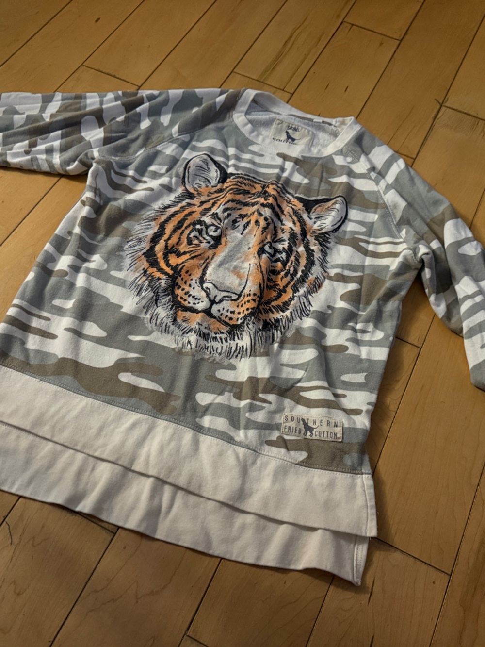 Southern Fried Cotton Kids Grey Camo Tiger Sweatshirt with Orange Accent